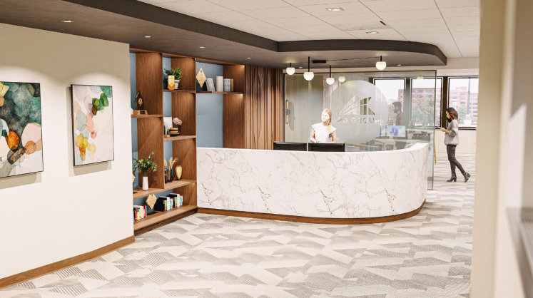 Rendered reception desk with millwork accents