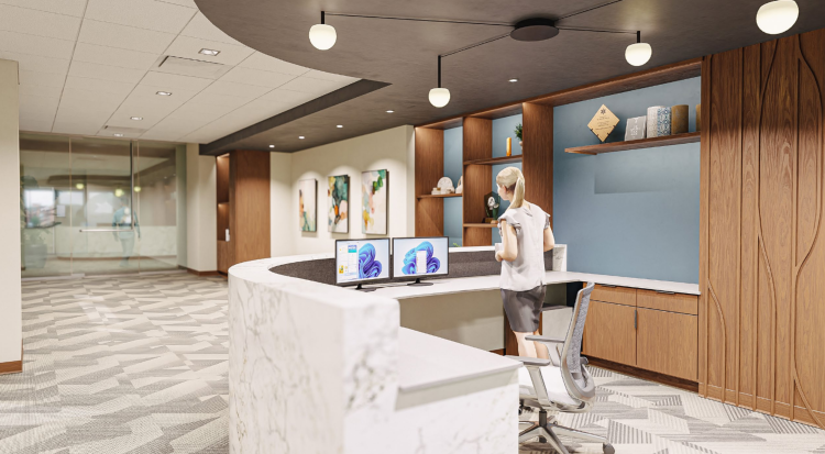 Rendered lobby millwork with shelving and desk